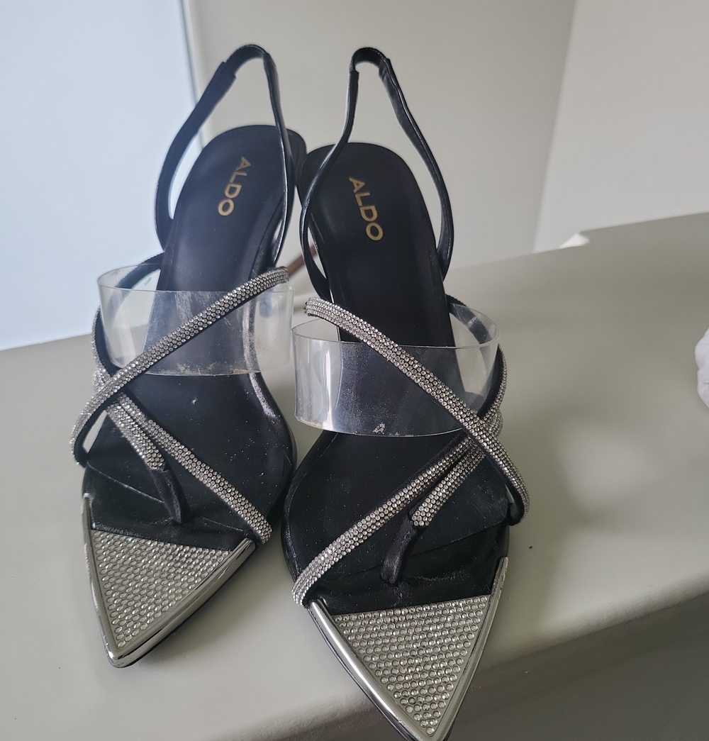 ALDO Black Pointed Slingback Heels with Clear Strap and Crystal Trim